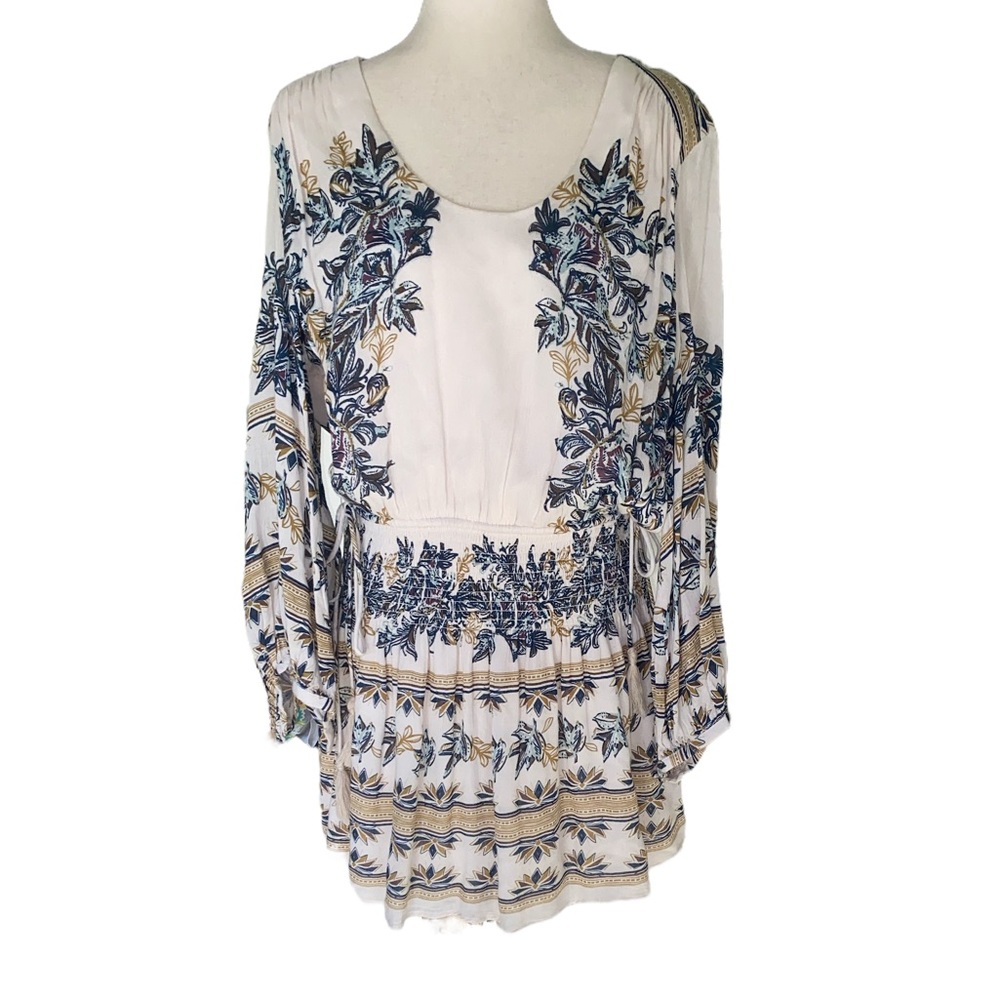 Free People Cream Blue Leaf Print Drawstring Drop Waist Tie Tunic Rayon Dress  M